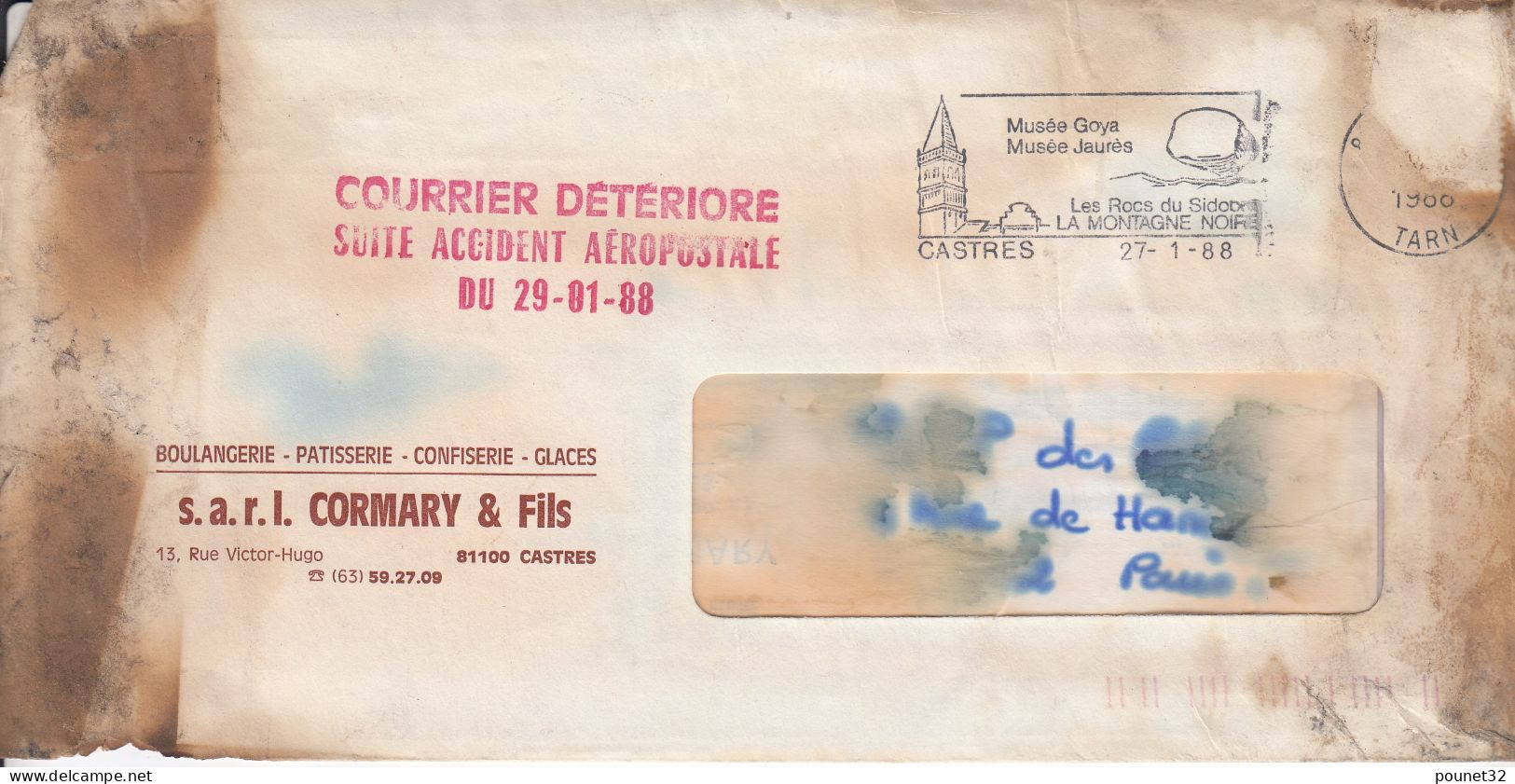 FRANCE COURRIER DETERIORE SUITE ACCIDENT AEROPOSTALE DU 29-01-88 + LETTRE D' EXCUSES DE LA POSTE - Storia Postale