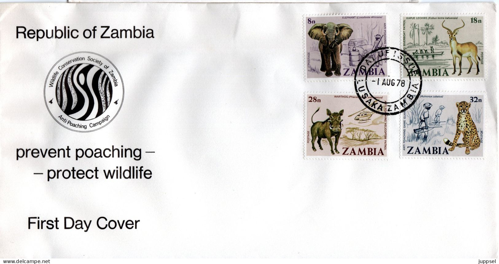 ZAMBIA, FDC, Elephant, Kafue Lechwe, Warthog, Cheetah   /  ZAMBIE, Lettre De Première Jour, éléphant, Pacochère, Guépard - Gibier