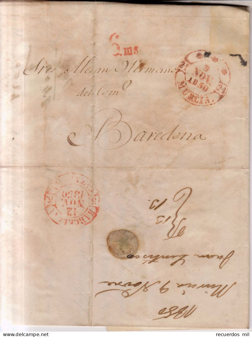 Año 1850 Prefilatelia Carta  Marca Murcia Y Recargo 6 Ms Juan Santisco - ...-1850 Voorfilatelie