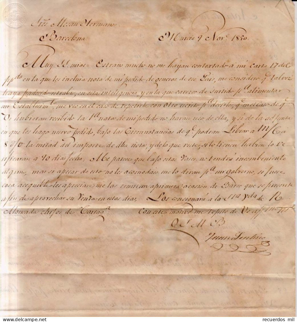 Año 1850 Prefilatelia Carta  Marca Murcia Y Recargo 6 Ms Juan Santisco - ...-1850 Voorfilatelie