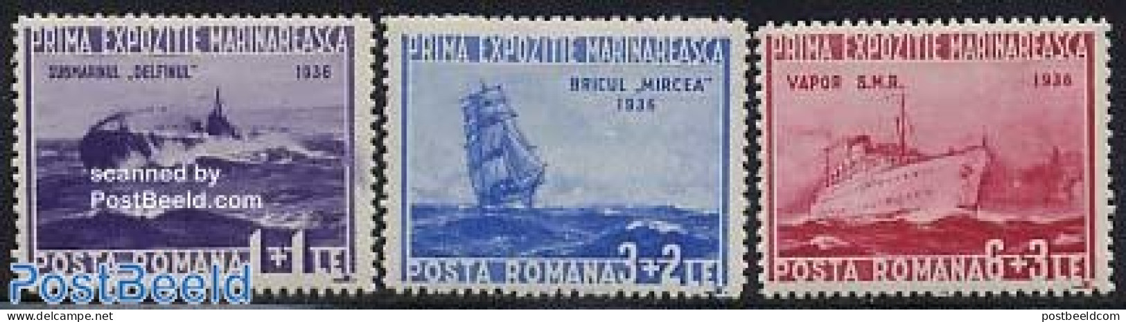 Romania 1936 Navy Exposition 3v, Mint NH, Transport - Ships And Boats - Ongebruikt