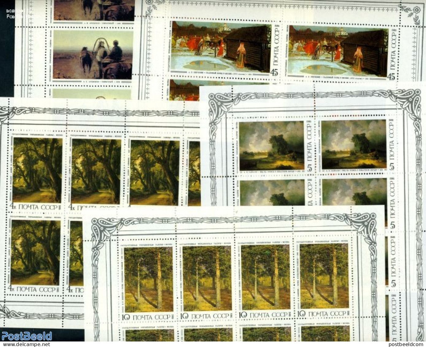 Russia, Soviet Union 1986 Paintings 5 M/ss, Mint NH, Nature - Horses - Trees & Forests - Art - Paintings - Unused Stamps