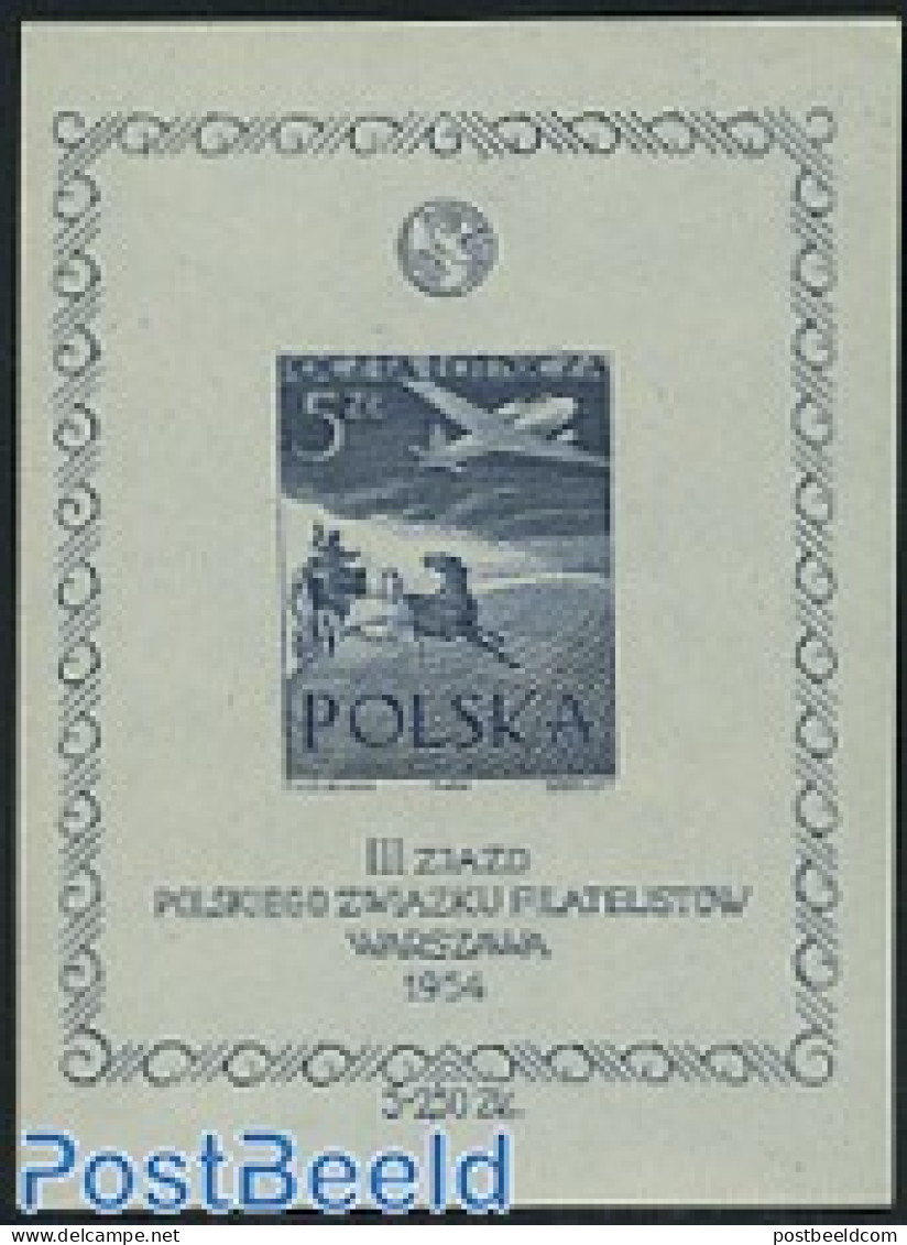 Poland 1954 Philatelic Association Imperforated S/s, Mint NH, Nature - Transport - Horses - Post - Coaches - Aircraft .. - Unused Stamps