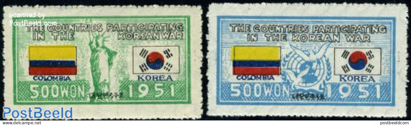 Korea, South 1951 UNO War Support, Colombia 2v, Mint NH, History - Nature - Flags - United Nations - Birds - Corée Du Sud