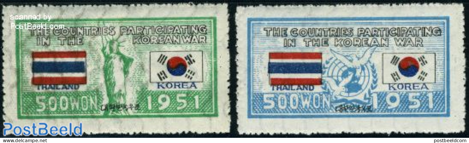 Korea, South 1951 UNO War Support, Thailand 2v, Mint NH, History - Nature - Flags - United Nations - Birds - Corée Du Sud