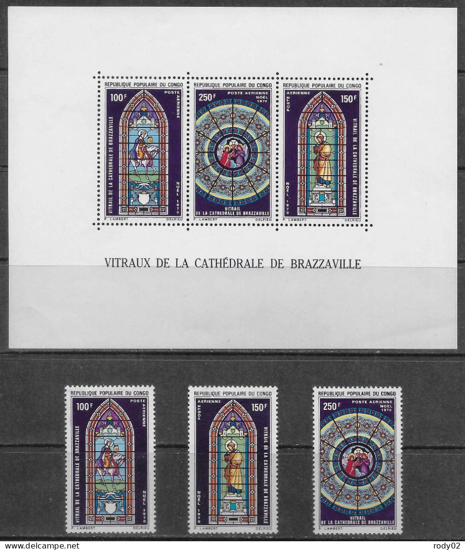 CONGO - VITRAUX DE LA CATHEDRALE DE BRAZZAVILLE - PA 105 A 107 ET BF 9 - NEUF** MNH - Glas & Brandglas