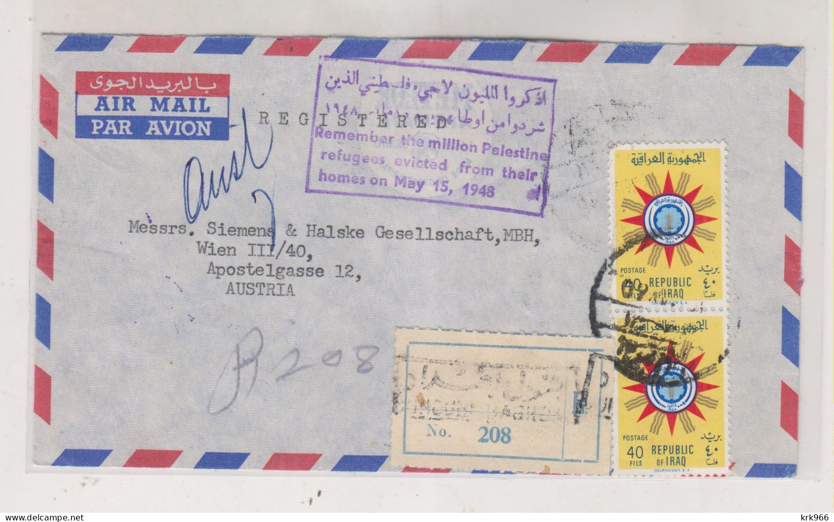 IRAQ 1960 BAGHDAD Registered Airmail Cover To Austria - Iraq