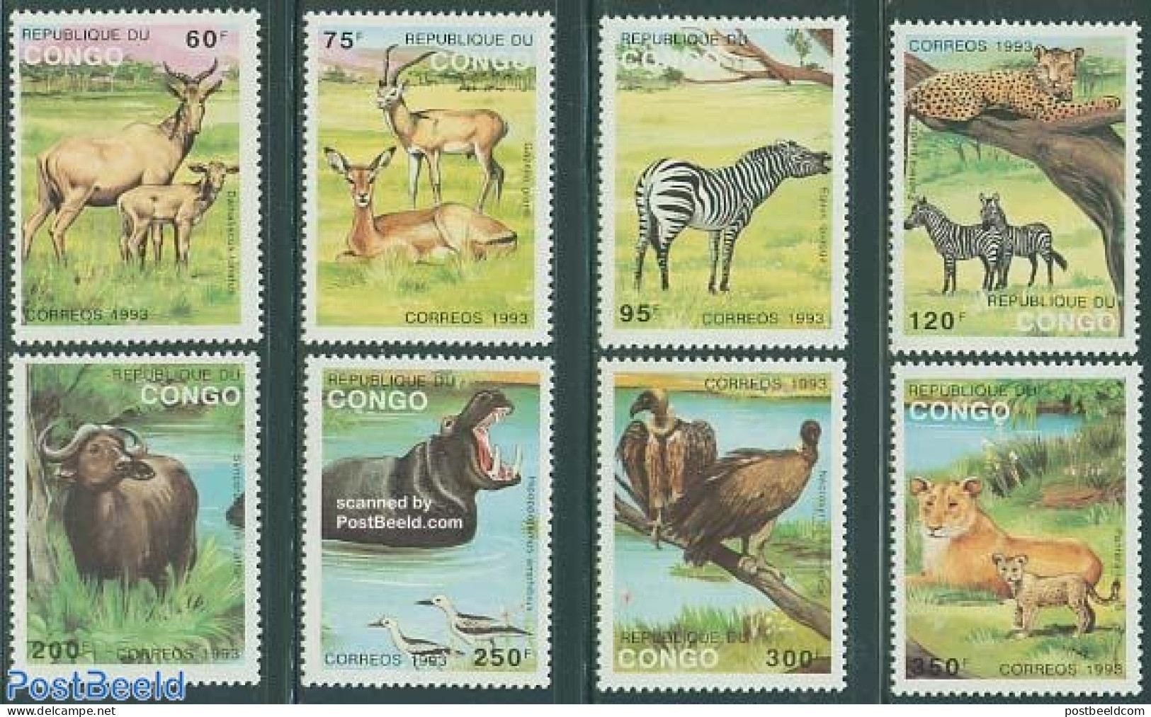 Congo Republic 1993 Wild Life 8v, Mint NH, Nature - Animals (others & Mixed) - Birds - Birds Of Prey - Cat Family - Hi.. - Other & Unclassified