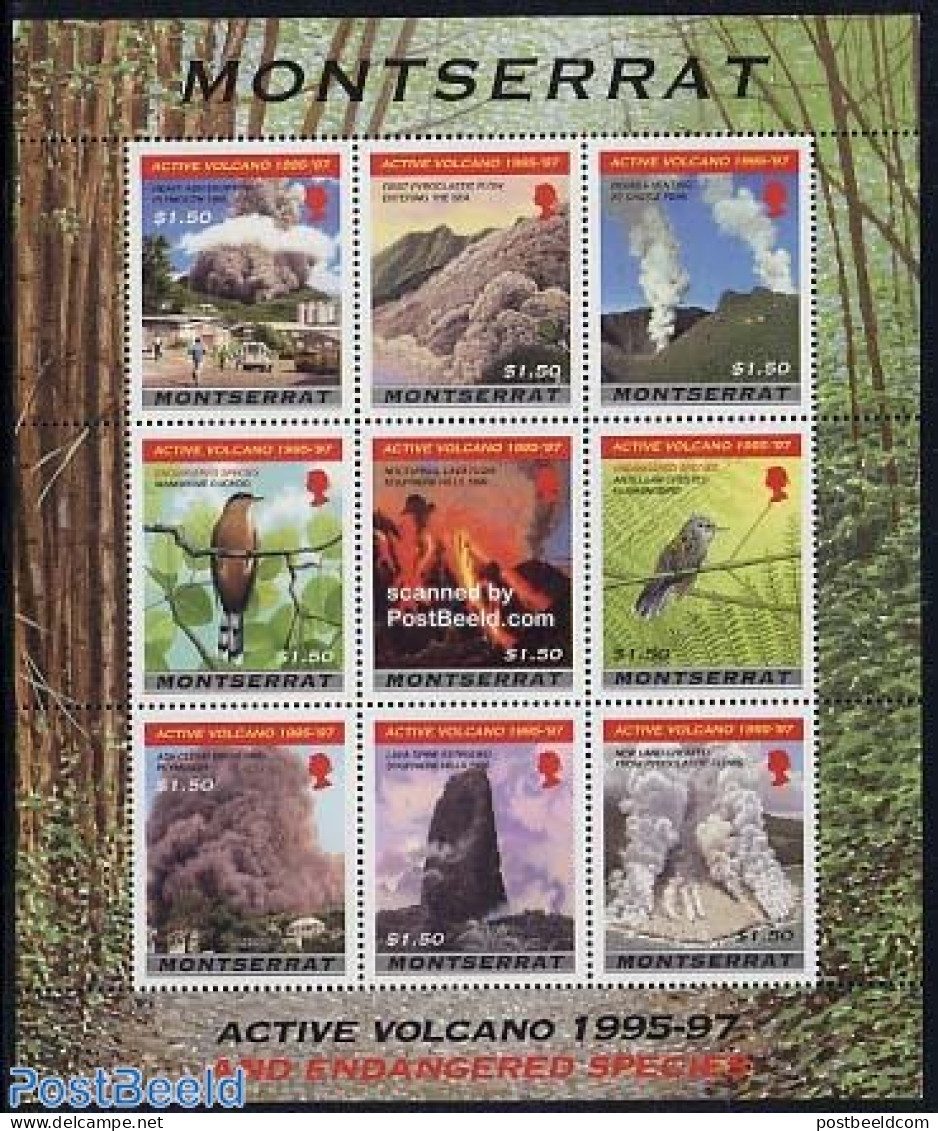 Montserrat 1997 Active Volcano 9v M/s, Mint NH, History - Nature - Transport - Geology - Birds - Automobiles - Auto's