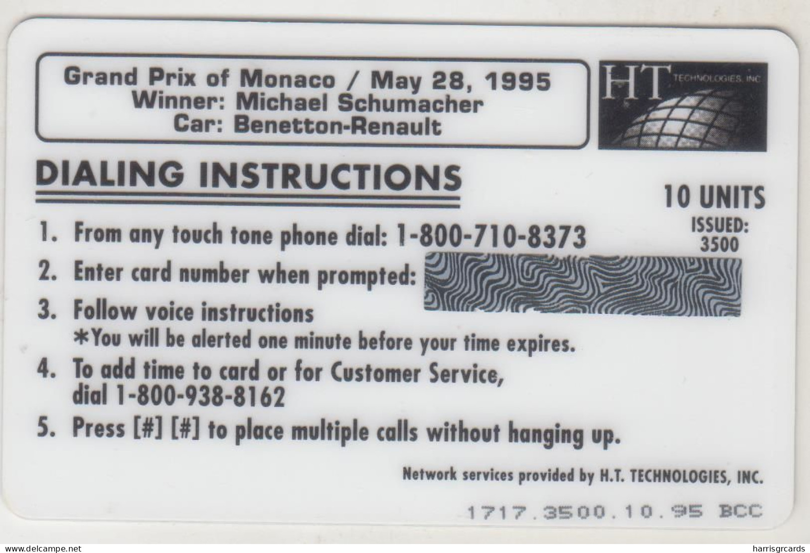 USA - Michael Schumacher's Benetton-Renault,HT Technologies Prepaid Card 10 U, Tirage 3.500, Mint - Altri & Non Classificati