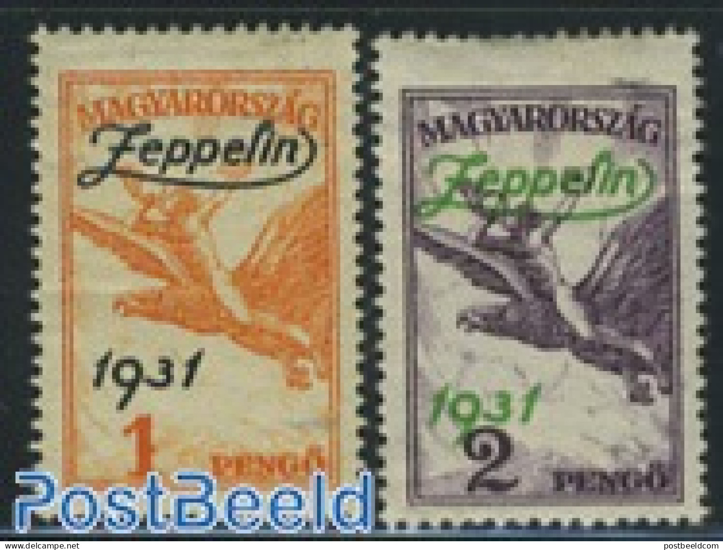 Hungary 1931 Zeppelin Overprints 2v, Mint NH, Nature - Transport - Birds - Zeppelins - Unused Stamps