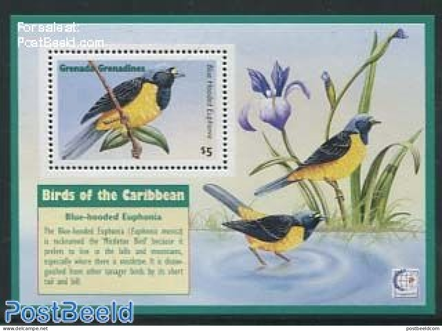 Grenada Grenadines 1995 Singapore 95, Blue- Hooded Euphonia  S/s, Mint NH, Nature - Birds - Grenade (1974-...)