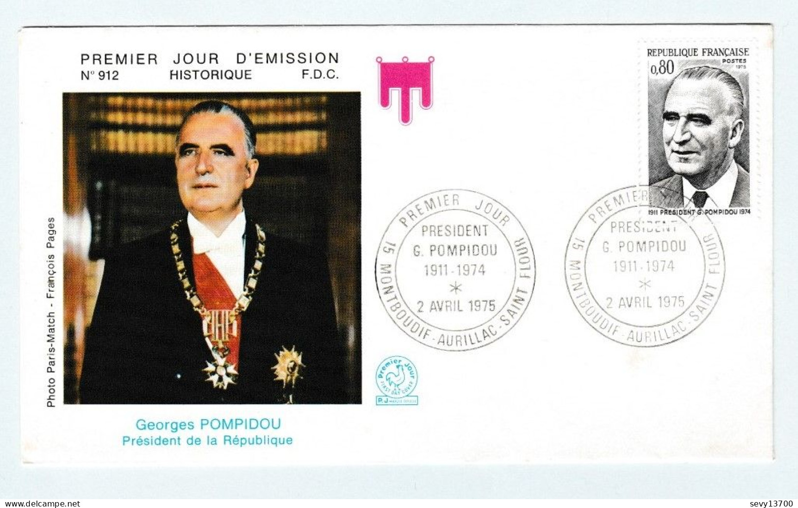 Enveloppe Premier Jour D'émission 2 Avril 1975 Président Georges Pompidou 1911 - 1974 - 1970-1979