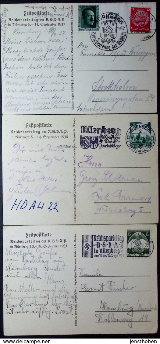 NÜRNBERG  Reichsparteitag 5 Festpostkarten  EF , MiF , GS  1935-1939 - Briefe U. Dokumente