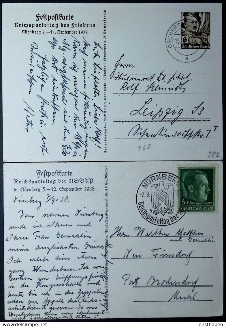 NÜRNBERG  Reichsparteitag 5 Festpostkarten  EF , MiF , GS  1935-1939 - Briefe U. Dokumente