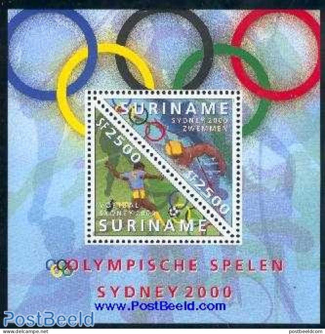 Suriname, Republic 2000 Olympic Games Sydney S/s, Mint NH, Sport - Football - Olympic Games - Swimming - Schwimmen