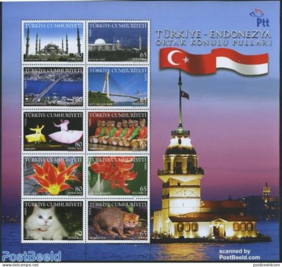 Türkiye 2008 Joint Issue Indonesia 10v M/s, Mint NH, Nature - Performance Art - Various - Cats - Flowers & Plants - D.. - Sonstige & Ohne Zuordnung