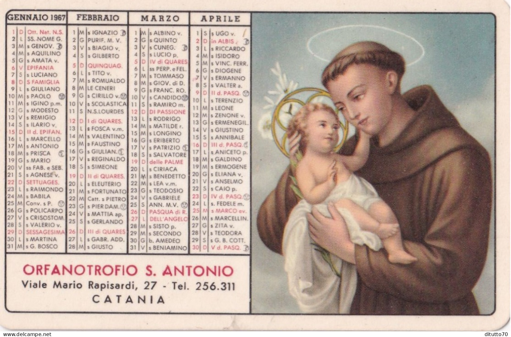 Calendarietto - Orfanotrofio S.antonio - Catania - Anno 1967 - Petit Format : 1961-70