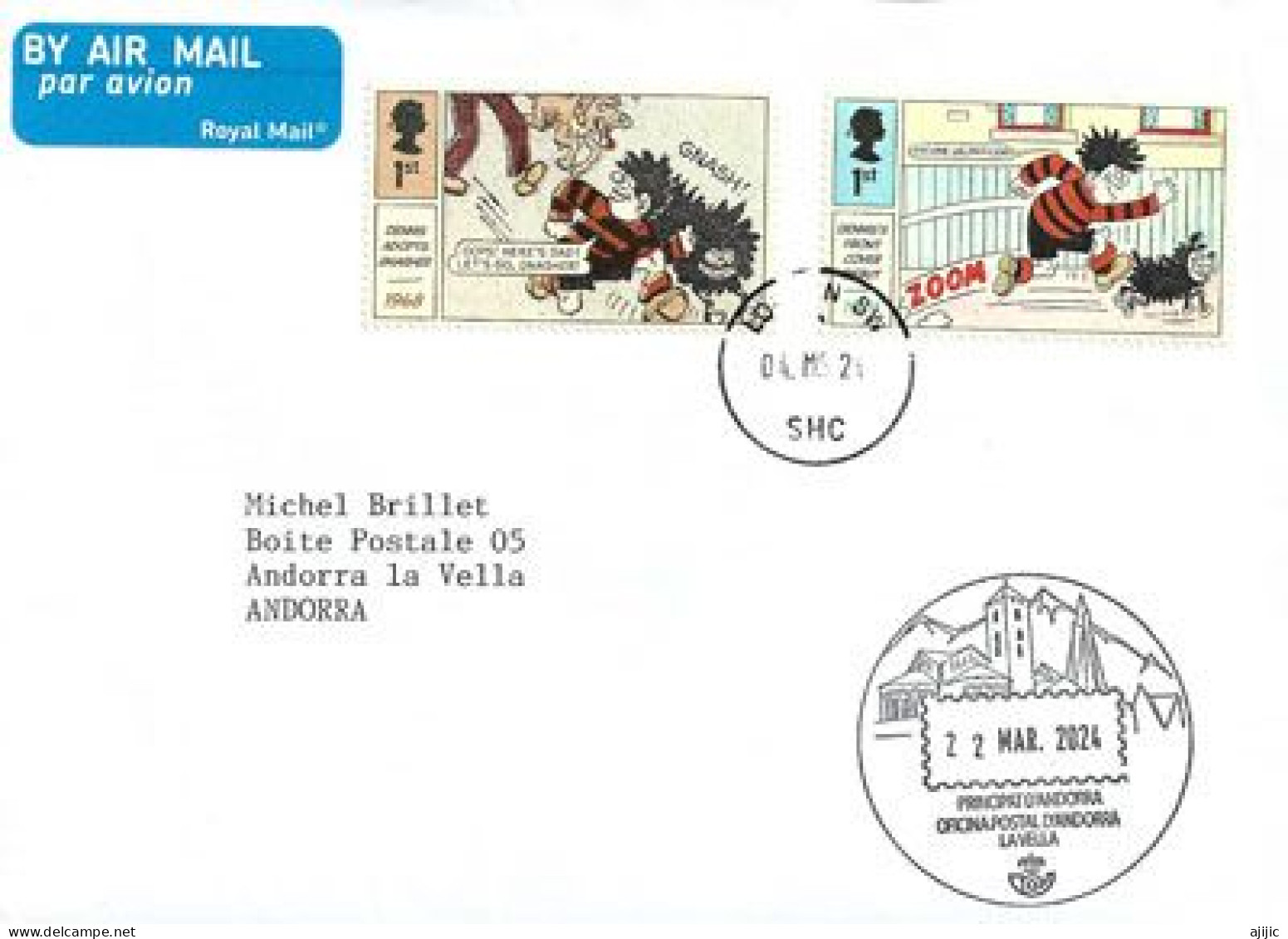 2024. Dennis The Menace And Gnasher.British Children's Comics ,letter To Andorra,with Local Illustrated Arrival Postmark - Lettres & Documents