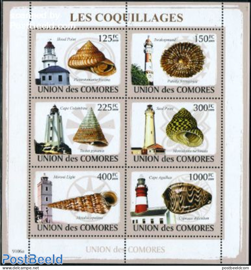 Comoros 2009 Lighthouses & Shells 6v M/s, Mint NH, Nature - Various - Shells & Crustaceans - Lighthouses & Safety At Sea - Maritiem Leven