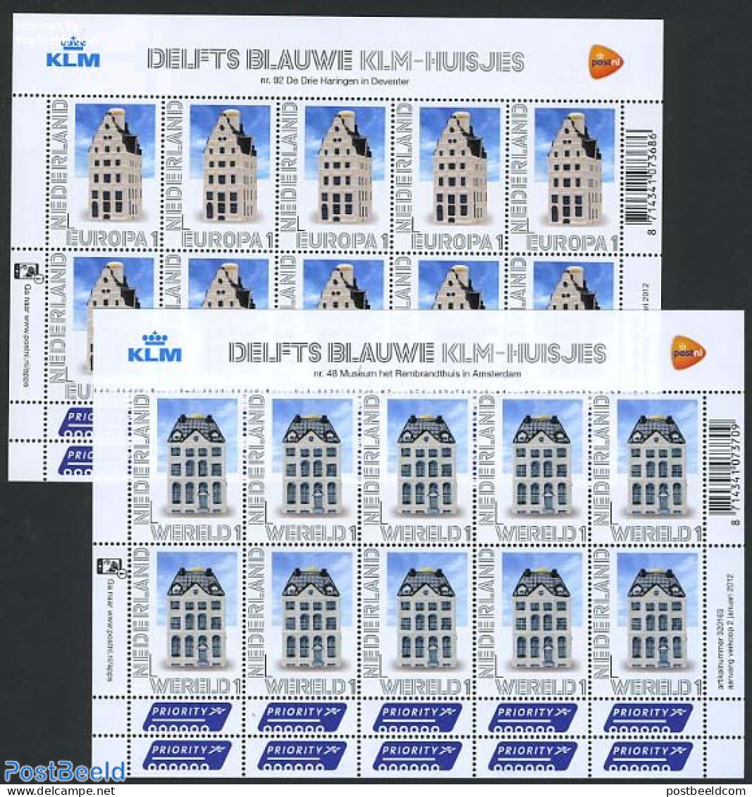 Netherlands 2012 Personal Stamps Europe And World 2 M/s, Mint NH, Art - Architecture - Art & Antique Objects - Neufs