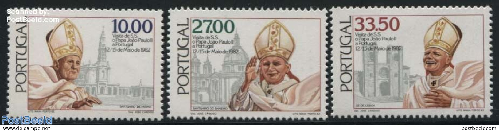 Portugal 1982 Visit Of Pope John Paul II 3v, Mint NH, Religion - Churches, Temples, Mosques, Synagogues - Pope - Relig.. - Neufs