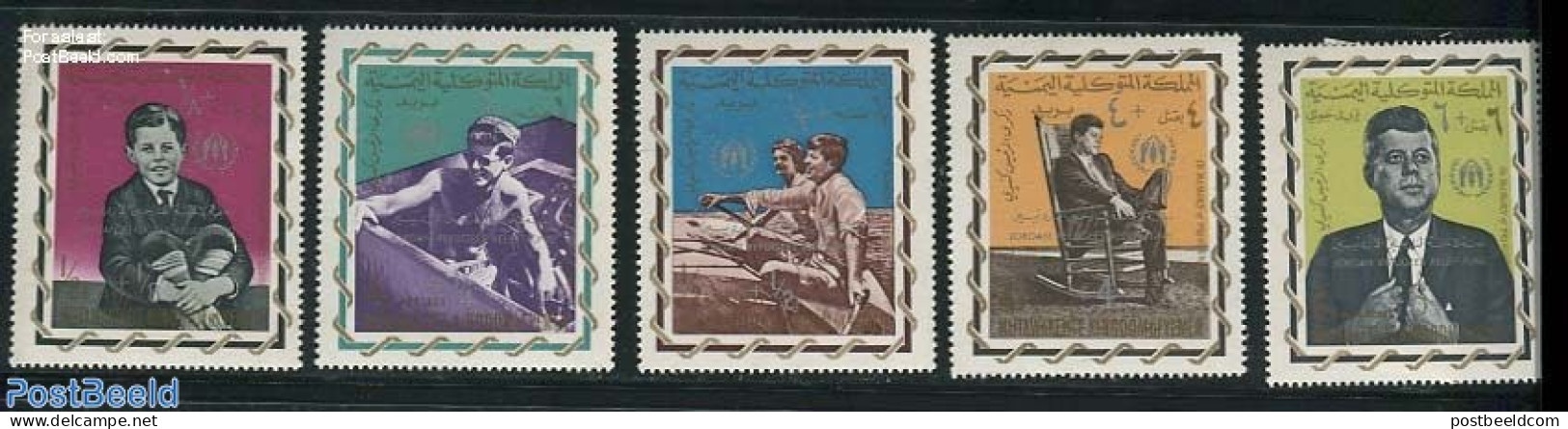 Yemen, Kingdom 1967 Kennedy, Jordan Relief Fund 5v, Mint NH, History - American Presidents - Refugees - Réfugiés
