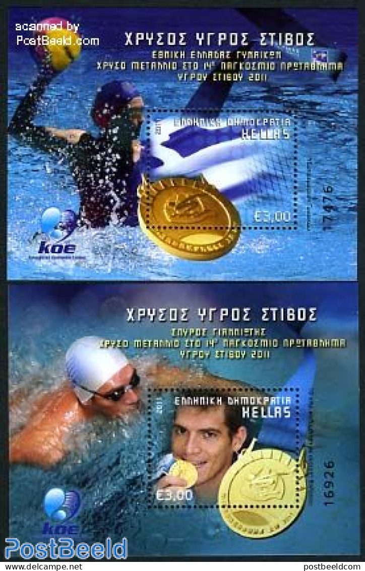 Greece 2011 Golden Medal World Championship Swimming 2 S/s, Mint NH, Sport - Sport (other And Mixed) - Swimming - Unused Stamps