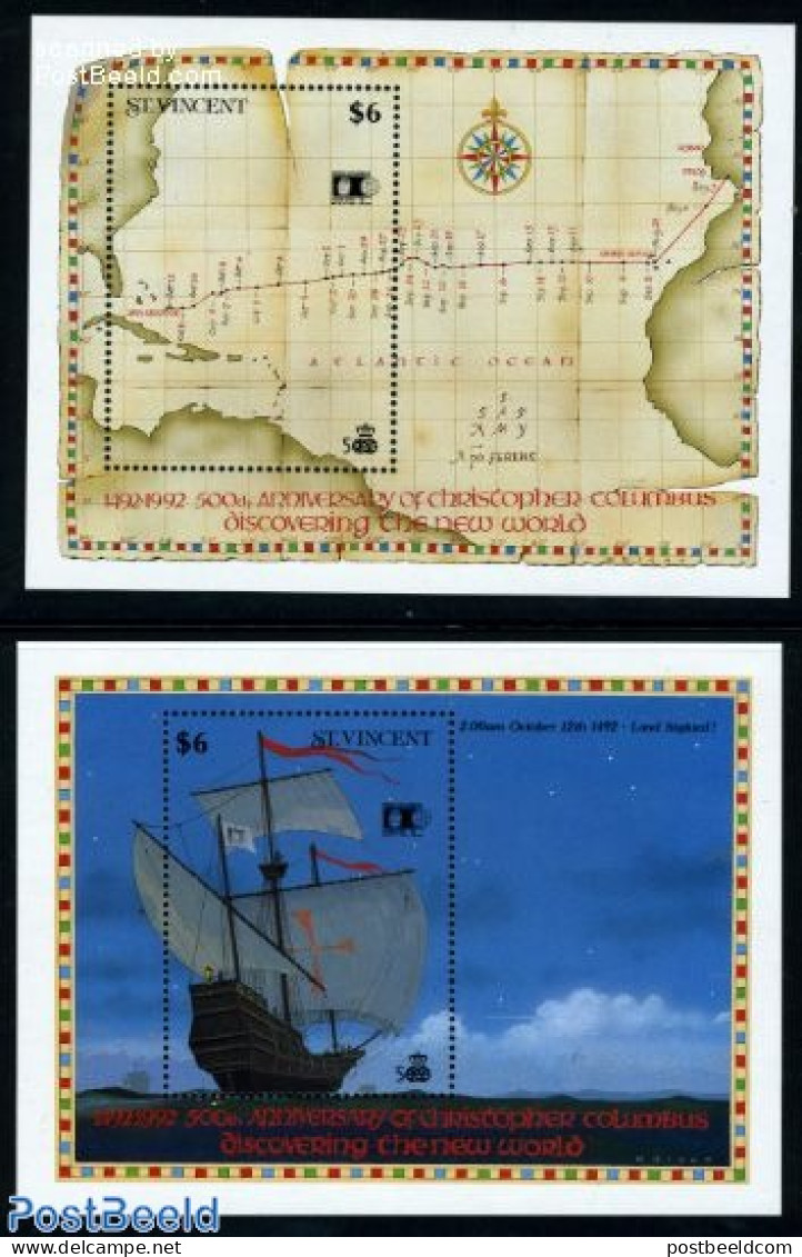 Saint Vincent 1992 Discovery Of America 2 S/s, Mint NH, History - Transport - Explorers - Ships And Boats - Exploradores