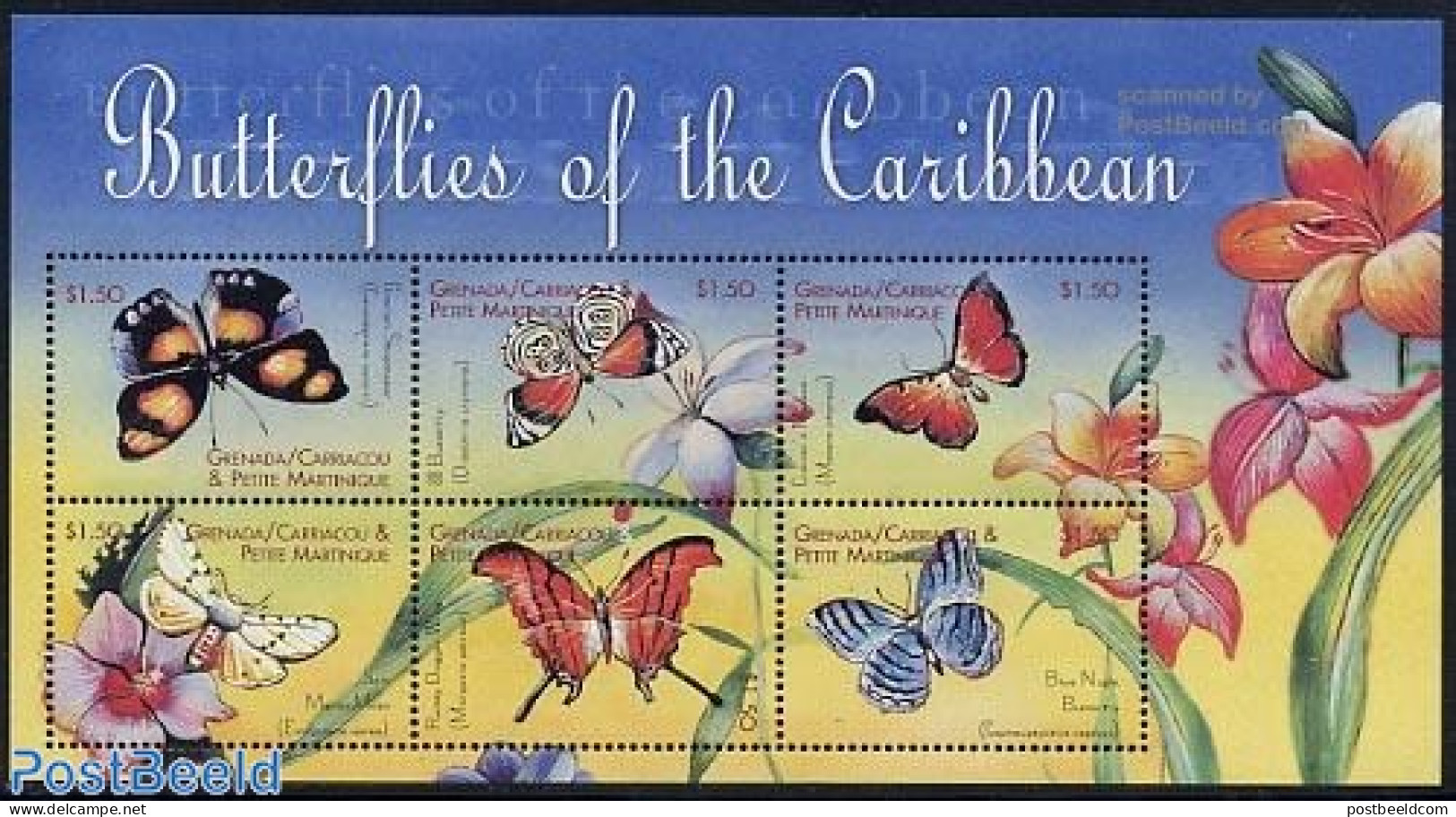 Grenada Grenadines 2000 Butterflies 6v M/s, Mint NH, Nature - Butterflies - Flowers & Plants - Grenade (1974-...)