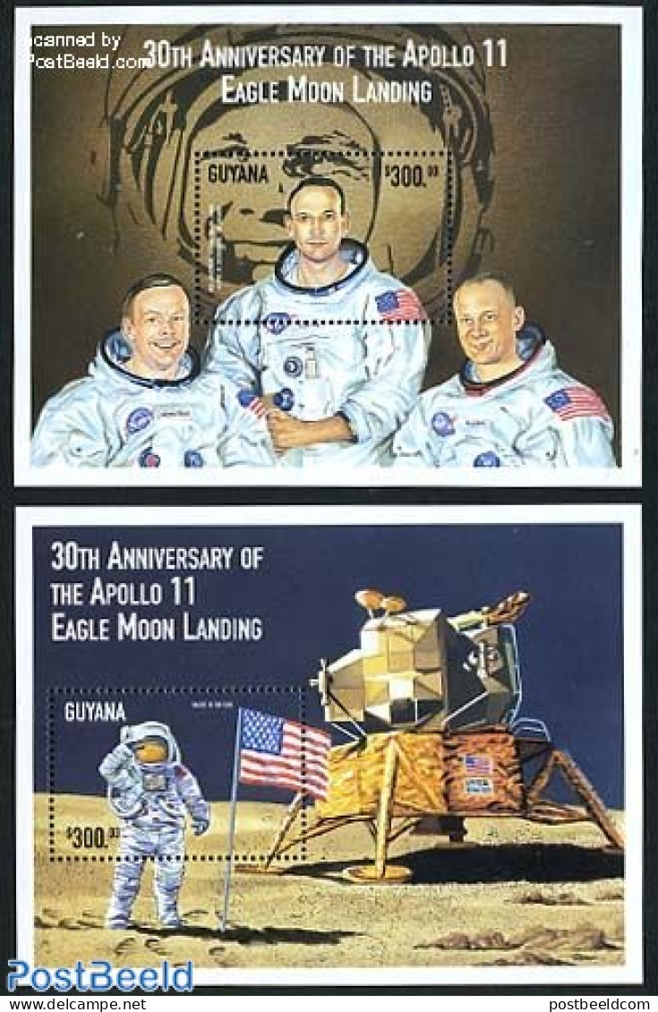 Guyana 1999 Moonlanding 30th Anniversary 2 S/s, Mint NH, Transport - Space Exploration - Guyana (1966-...)
