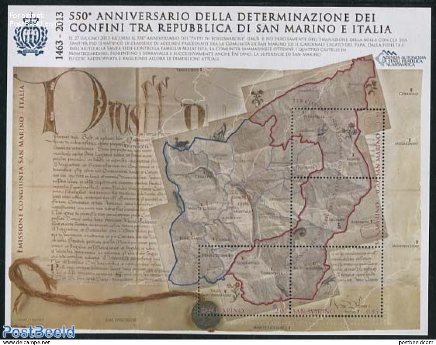 San Marino 2013 550 Years Borders Between San Marino And Italy 4v M/s, Mint NH, History - Various - History - Joint Is.. - Neufs