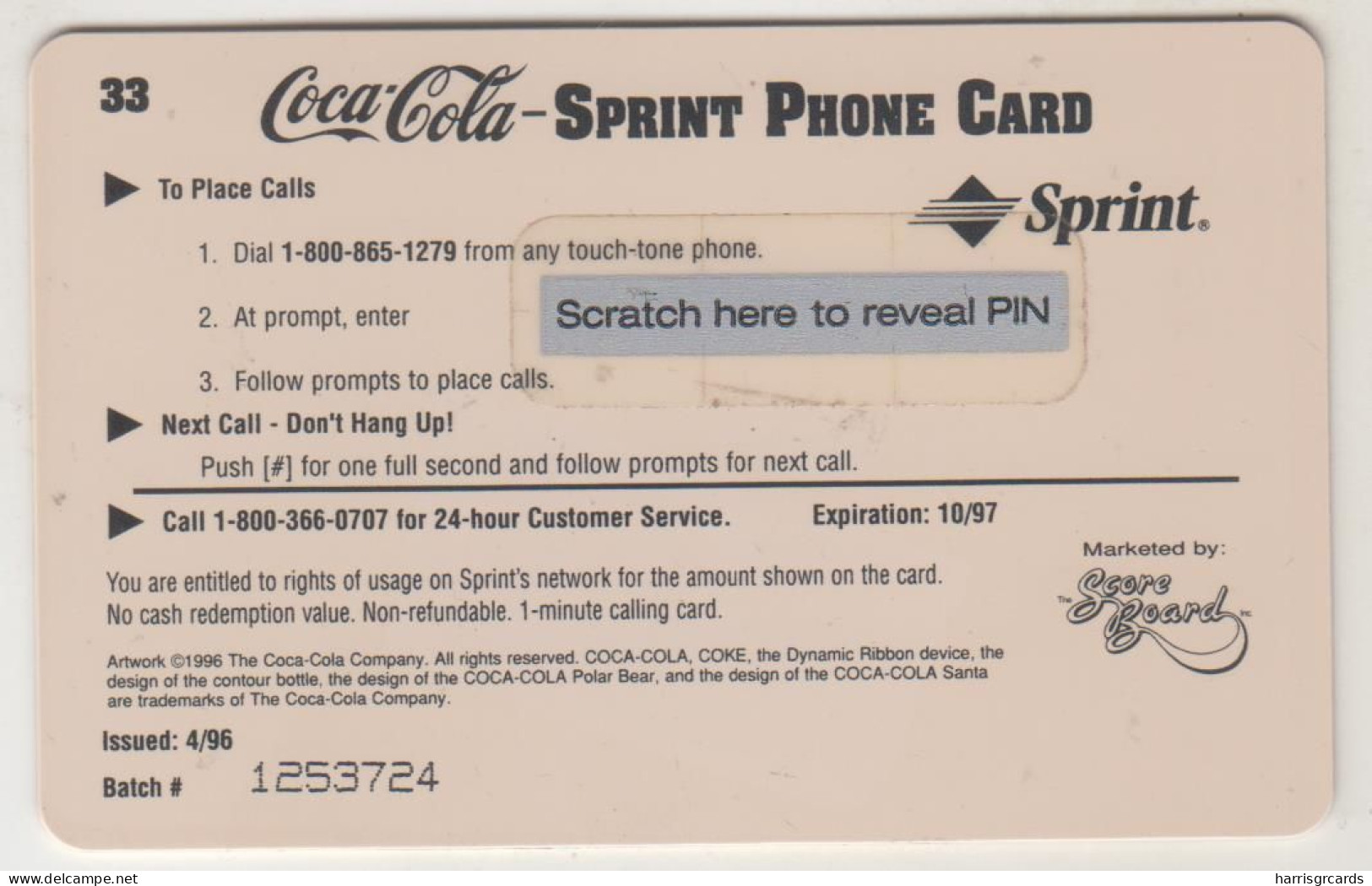 USA -  Coke Syrup Label (1930) #33 ,Sprint Prepaid Card, 04/96, Mint - Sprint