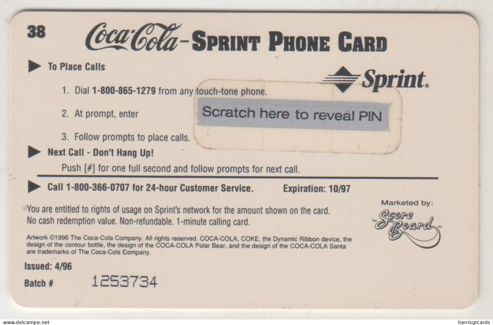 USA - 1929 Coke Dispenser (1929) #38 ,Sprint Prepaid Card, 04/96, Mint - Sprint