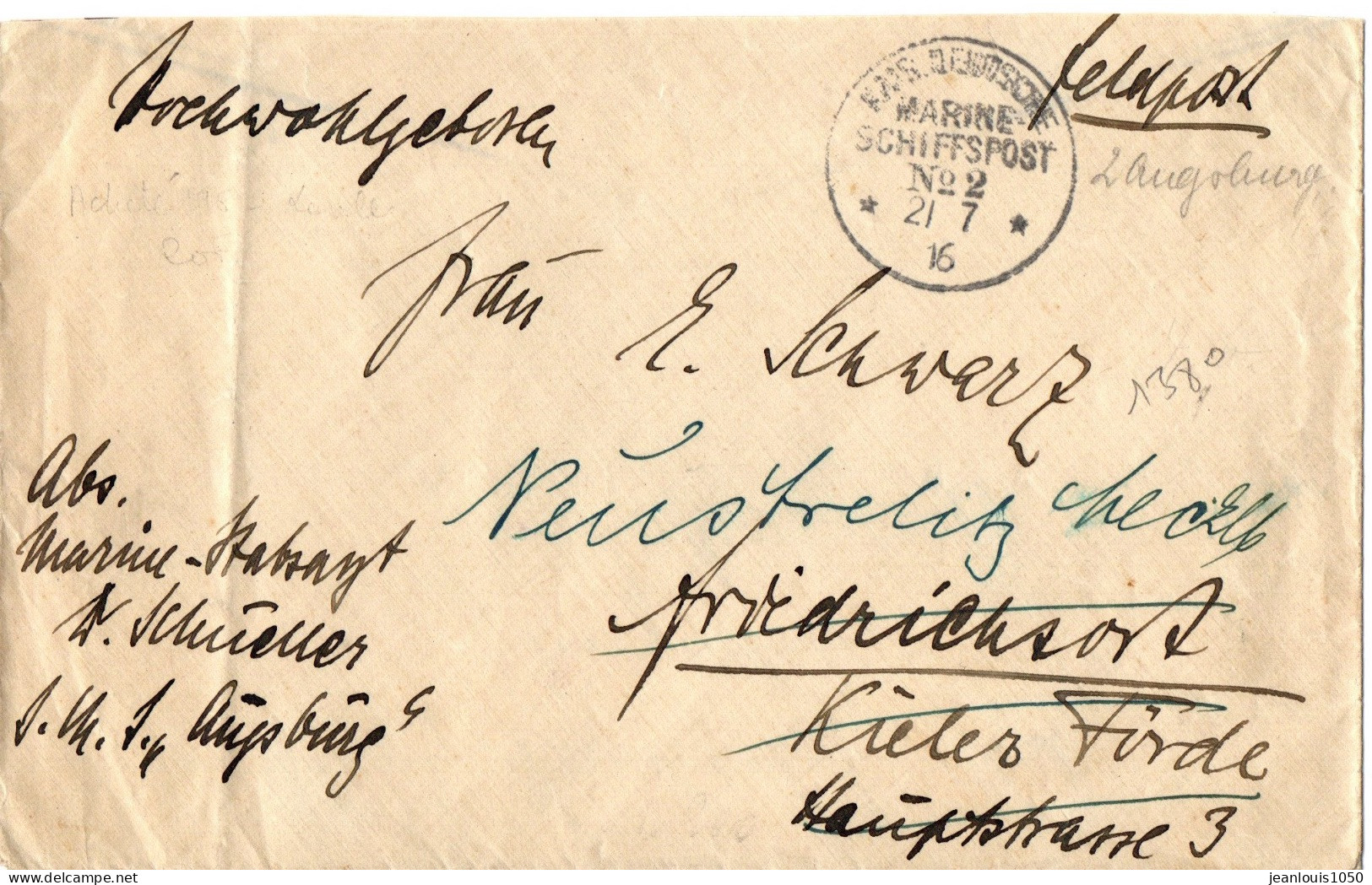 ALLEMAGNE REICH FELDPOST LETTRE OBLITEREE MARINE SCHIFFPOST N°2 21 7 1916 - Feldpost (franchigia Postale)