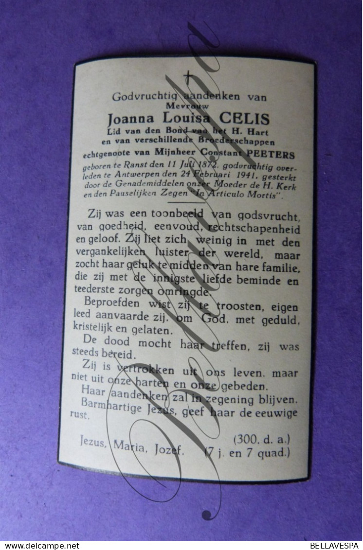 Joanna CELIS Echt Constant PEETERS Ranst 1872-Antwerpen 1941 - Todesanzeige