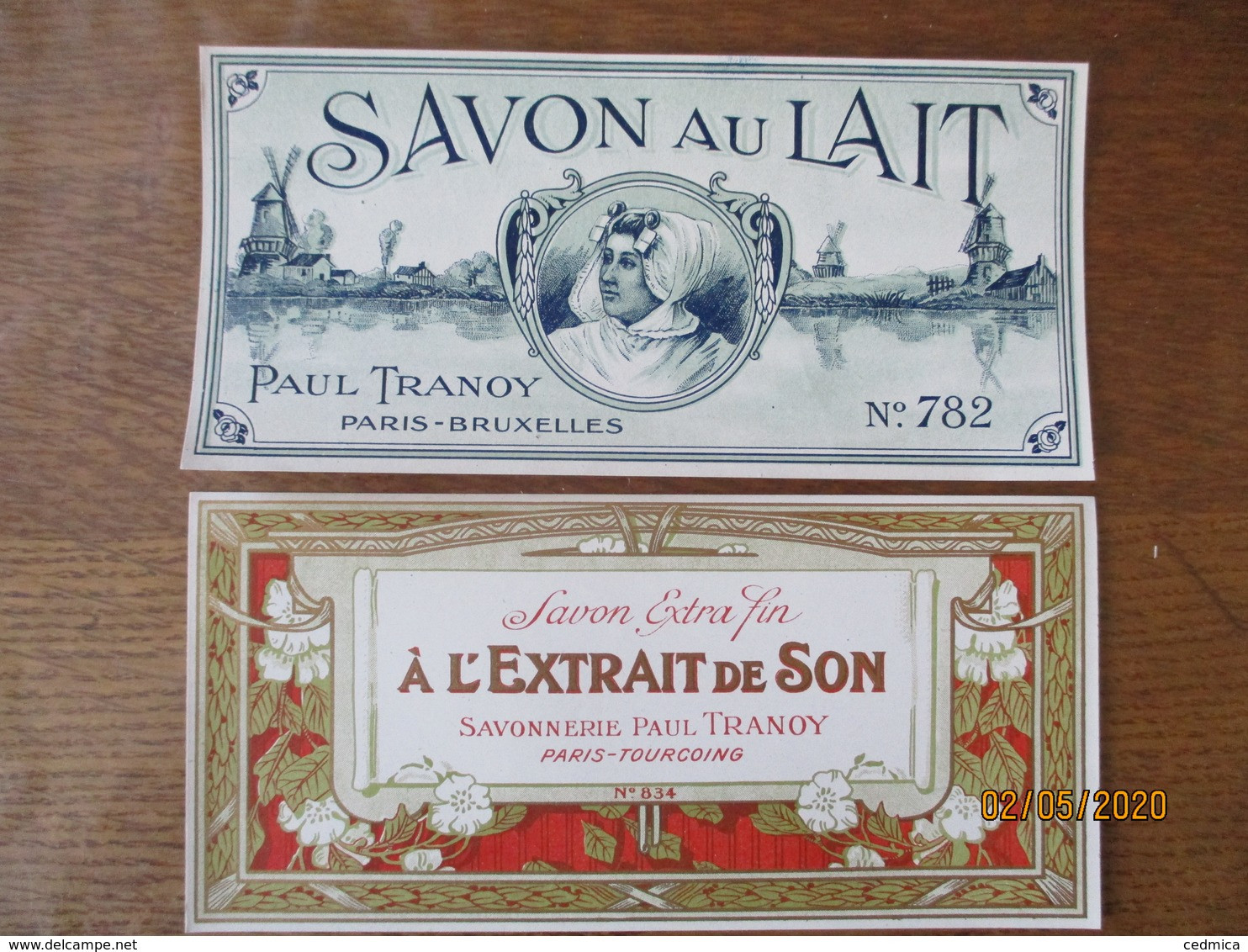 2 ETIQUETTES SAVON AU LAIT PAUL TRANOY PARIS-BRUXELLES ET SAVON A L'EXTRAIT DE SON SAVONNERIE PAUL TRANOY PARIS TOURCOIN - Etichette