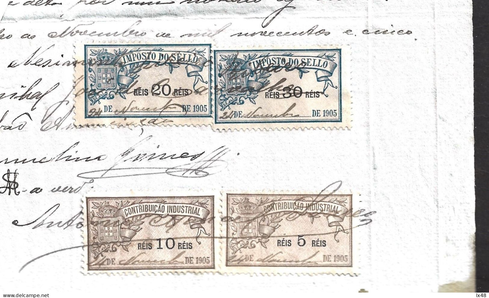 Papel Selado Brasão Rei D. Carlos 1905. Escritura S. João Da Pesqueira. I.Selo 200, 30 E 20 Reis. C.Industrial 5,10 Reis - Lettres & Documents