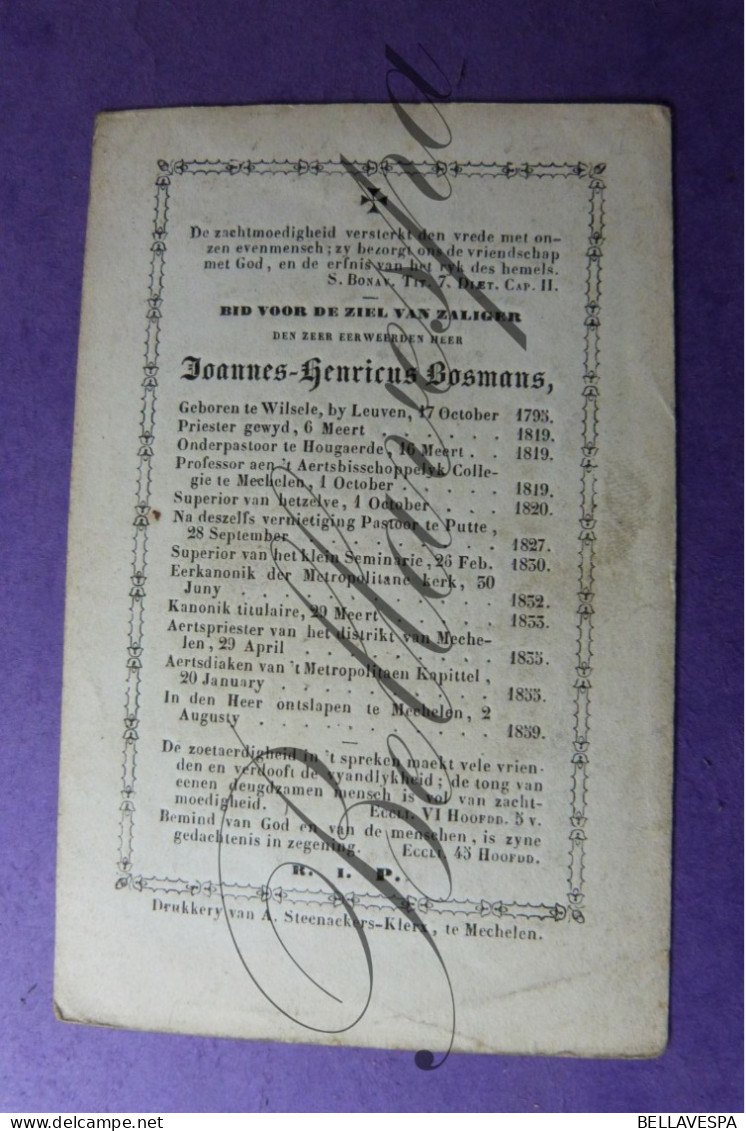 Joannes BOSMANS Wilsele 1795 Hoegaarden Prof.Pastoor Putte Aartspriester -Diaken Mechelen 1859 - Obituary Notices