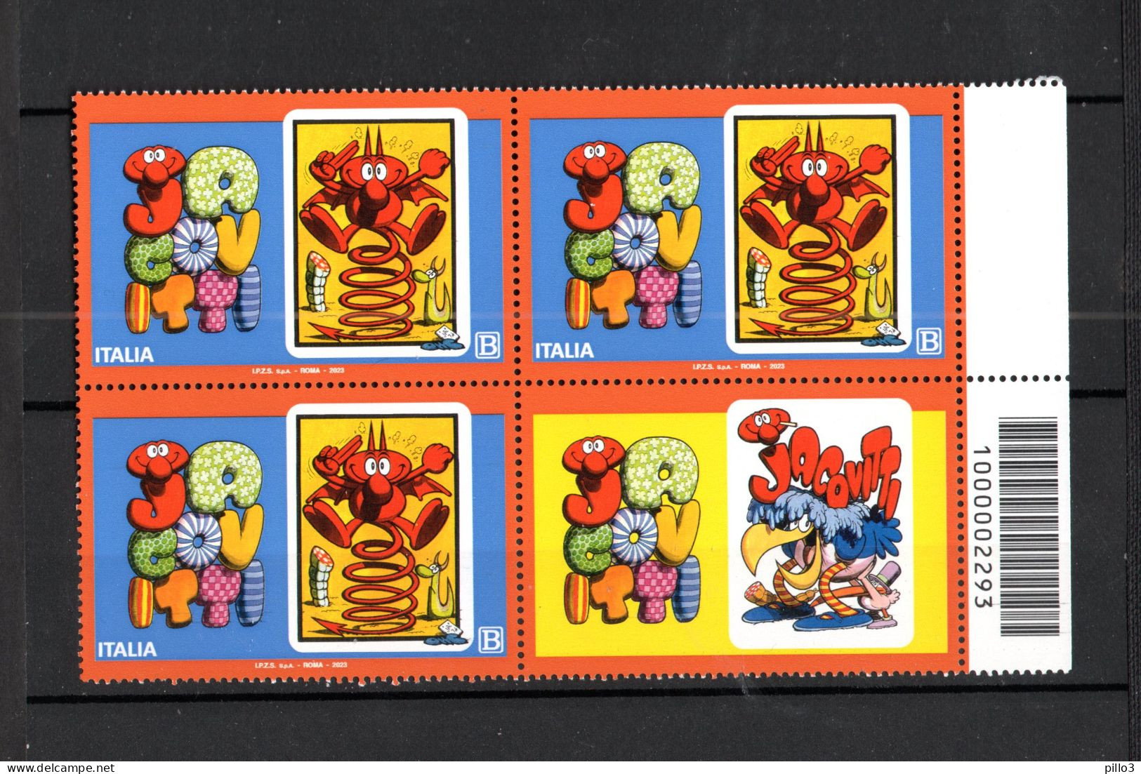 ITALIA :   JACOVITTI -  3 Val. + Chiudilettera + Codice A Barre N° 2293  MNH**  Del  11/03/2023 - Code-barres