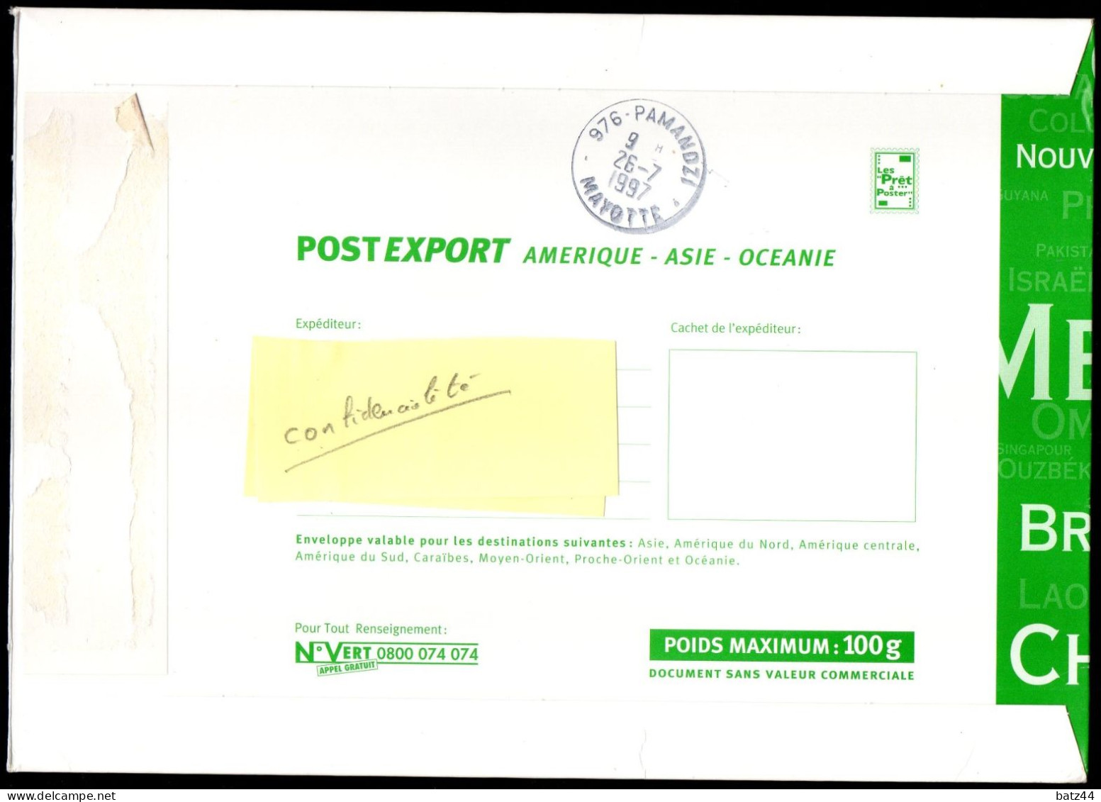 PàP Postexport Amérique Asie Océanie 100 G De Chessy 77 21 07 1997 Pour Mayotte Cachet Pamandzi Au Verso 26 07 1997 - PAP: Sonstige (1995-...)