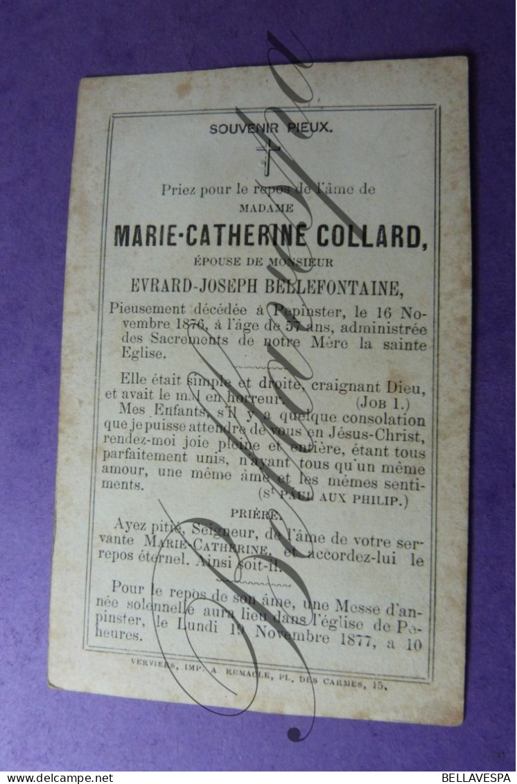 Marie COLLARD Epouse Evrard BELLEFONTAINE , Décedée Pepinster 1876 - Obituary Notices