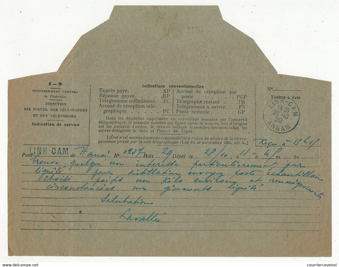 ANNAM - Deux Télégrammes Avec Cachet à Date Et Griffe Lin "LINH-CAM ANNAM" 1929 Et 1930 - Briefe U. Dokumente
