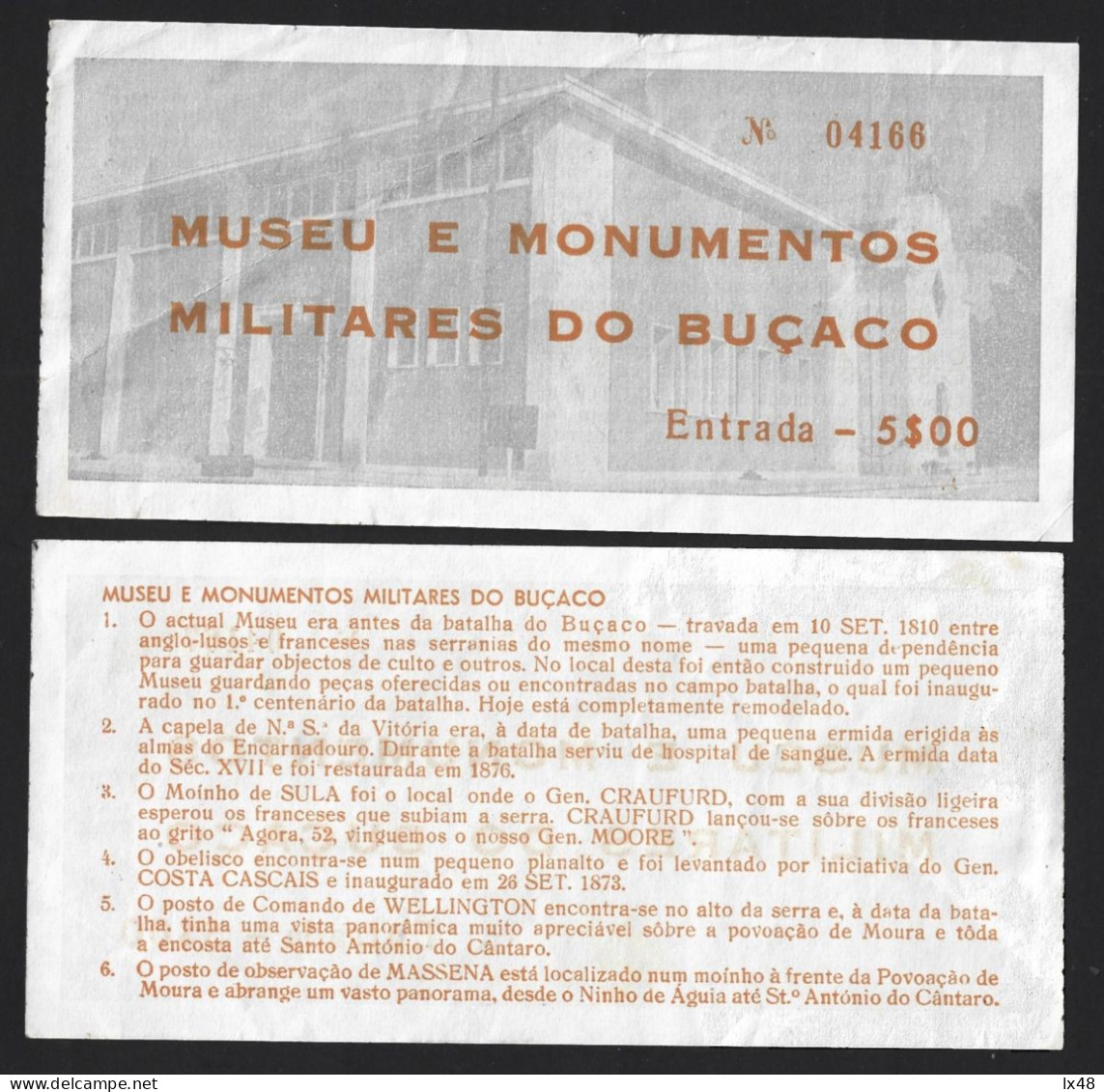 Entrance Ticket To Buçaco Military Museum. Battle Of Bussaco, Napoleonic Troops Against The Anglo-Portuguese Army 1810 - Eintrittskarten