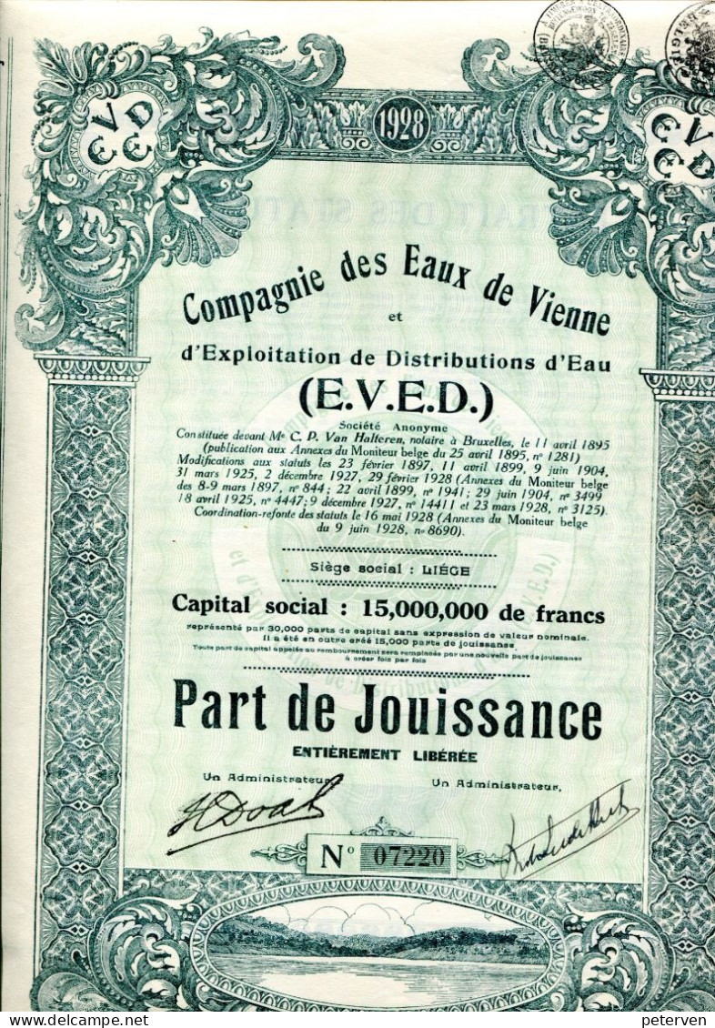 Compagnie Des EAUX De VIENNE; Part De Jouissance (1928) - Eau
