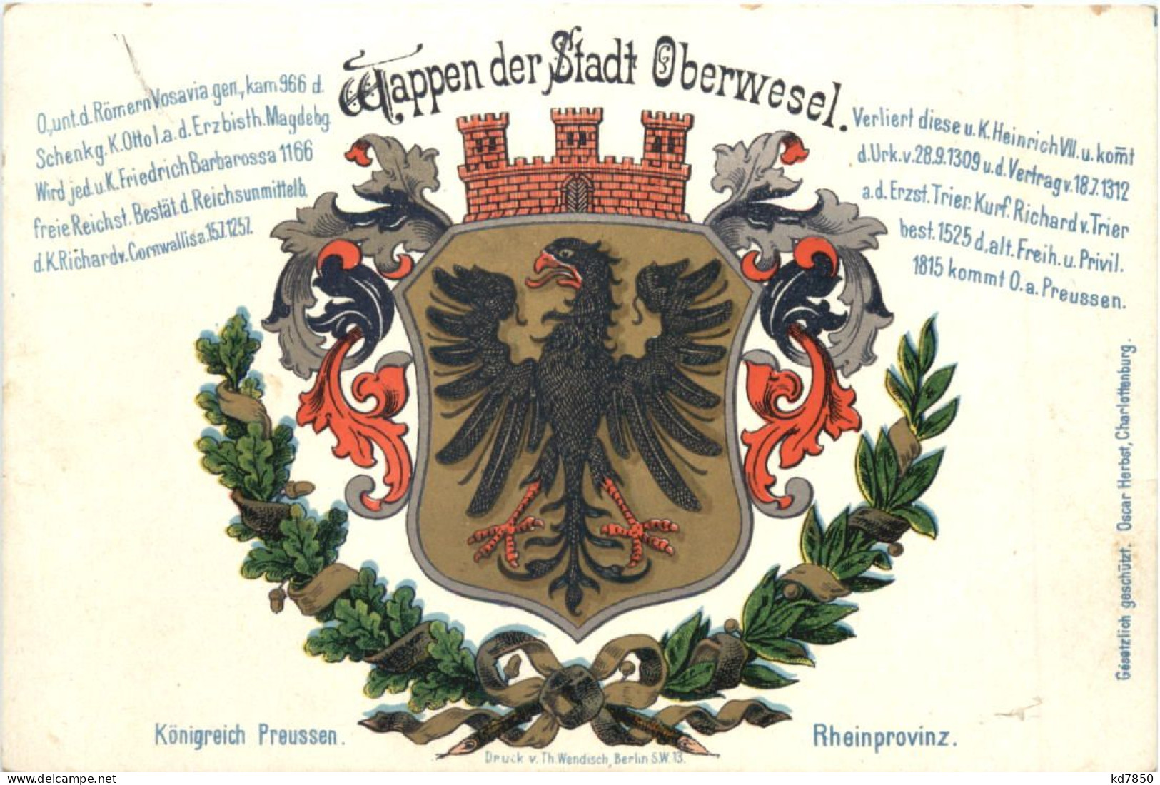 Wappen Der Stadt Oberwesel - Litho - Oberwesel