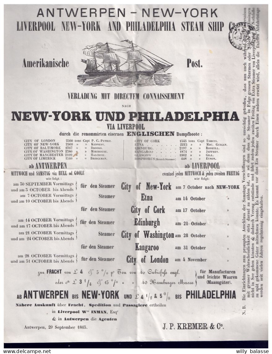 +++ Document Ancien 1863 - Bateau - ANTWERPEN NEW YORK - Ship - Philadelphia Via Liverpool - Cachet à Extraordinaire // - Programmes