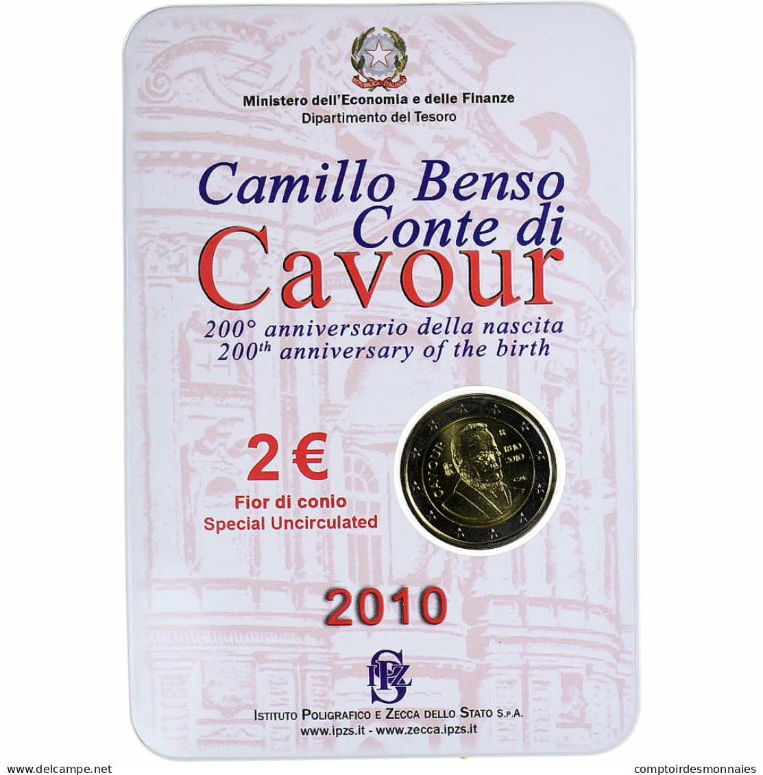 Italie, 2 Euro, Camillo Benso Comte Di Cavour, 2010, Rome, FDC, FDC - Italy