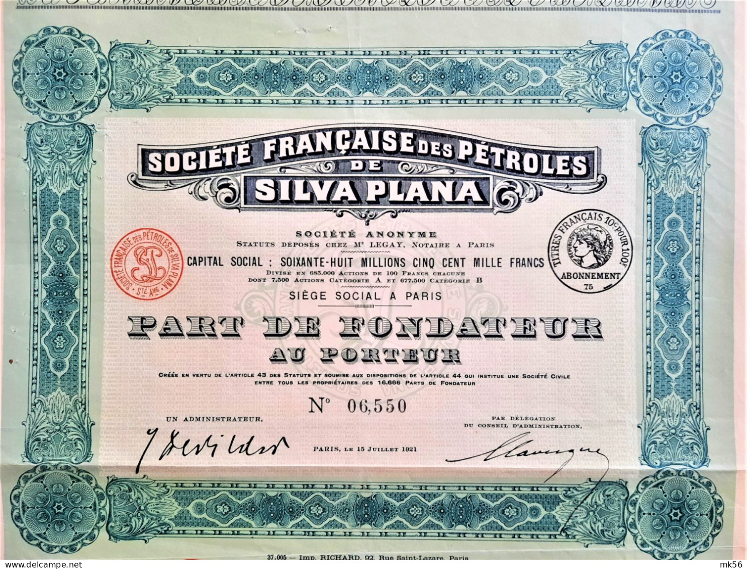 Société Française Des Pétroles De Silva Plana - Paris - Part De Fondateur - 1921 - Erdöl