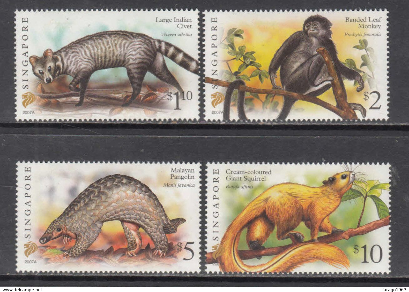 2007 Singapore Mammals Pangolin Monkeys High Value Definitives 2007A MNH Complete Set Of 4 MNH @ BELOW FACE VALUE - Singapore (1959-...)